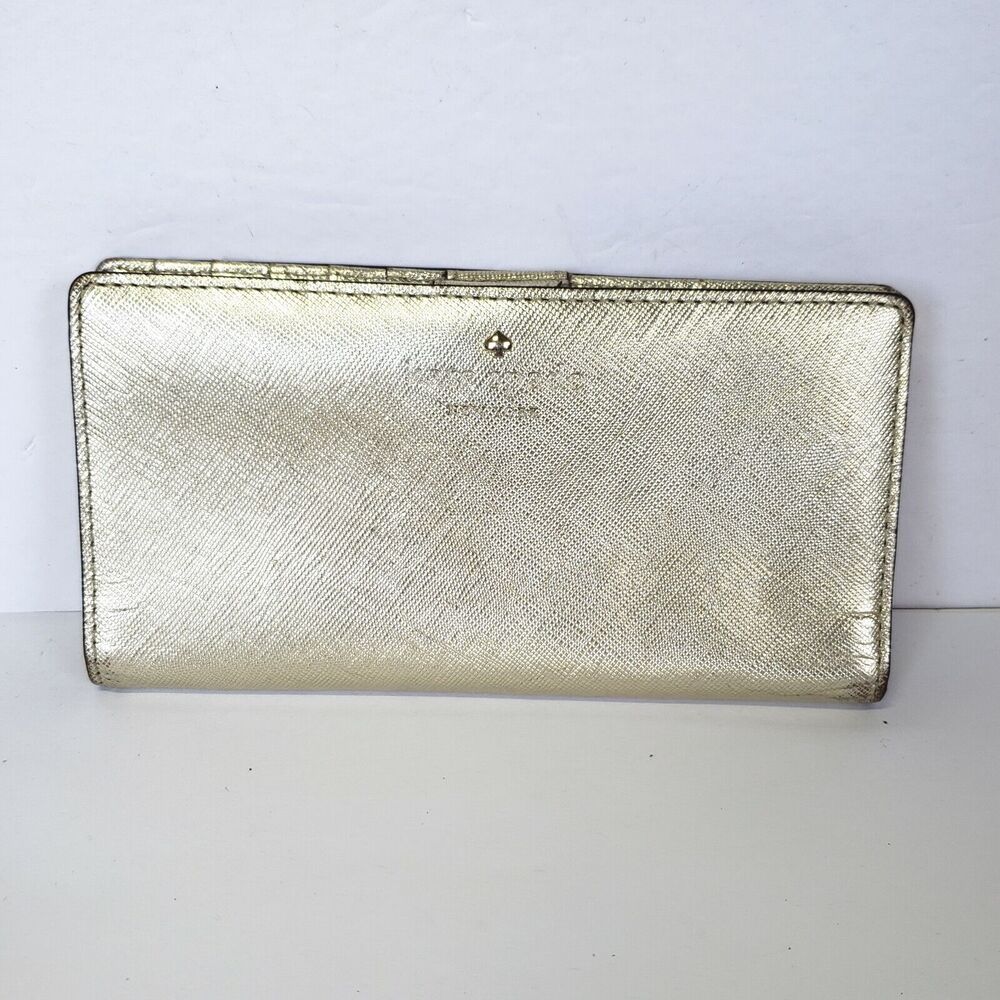 Kate Spade Clutch Wallet‎ Gold Metalic Saffiano Leather Logo Large Bifold Logo